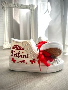 Pick your own colors and Personalized Dancers Sneakers for your Quinceañera. Remember to add your name and the date of the event on the Personalization tab. Perfect match for that dress, don’t forget to ask us for a matching Tiara - Crown. You can search in our Etsy - Store for more information about our reviews. 🌟Includes🌟- Pick shoelace colors.- The toe top is covered with bright rhinestones.- On the sides of the shoe (right & left), the idea/name/date is printed in solid or glitter color.- Customizable Red Sneakers, Customizable Red Sneakers With Round Toe, Quince Shoes Sneakers, Quince Shoes, Red Quinceanera Ideas, Quinceanera Shoes, Red Quince, Quince Dress, Blue Crown