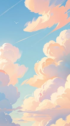 the sky is filled with clouds and birds