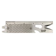 a large metal ruler with holes on the front and back side, measuring it's length