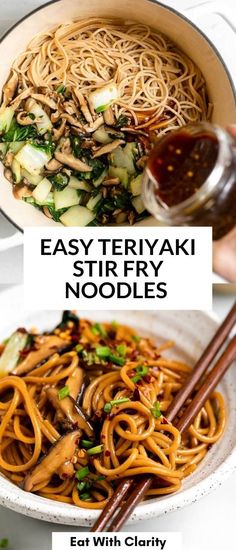 easy teriyaki stir fry noodles in a bowl with chopsticks and sauce