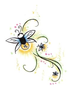 a drawing of a flower with a bee on it's back and some stars around it