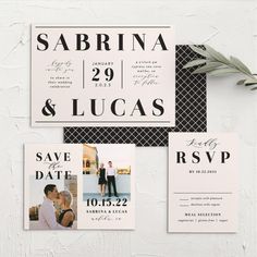 the wedding stationery is laid out on top of each other, and features black and white photos