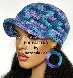 a mannequin head wearing a crocheted hat and earring with text overlay that reads, pdf pattern by razonda lee