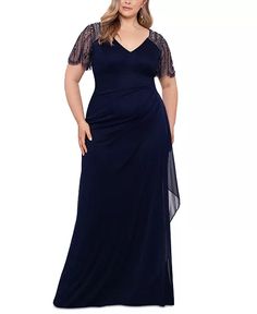 XSCAPE - Plus Size Embellished Chiffon Gown Texas Dress, Boho Mother, Plus Size Gowns, Evening Gown Dresses, Mob Dresses, Lace Dress With Sleeves, Chiffon Gown, Gowns With Sleeves, Review Dresses