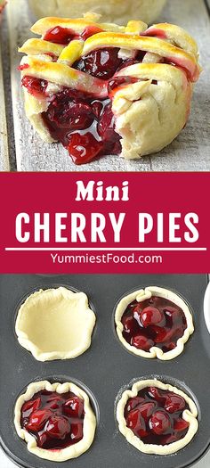 mini cherry pies in muffin tins on a wooden table with text overlay