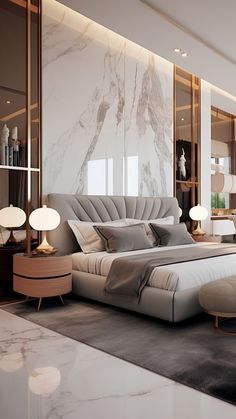 a modern bedroom with marble walls and flooring, including a bed in the center