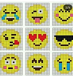 nine pixellated smiley faces are shown in different colors and shapes, each with an individual's face drawn on them