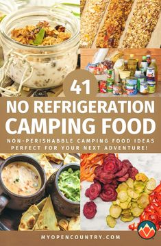 no refrigeration camping food collage with text overlay that says, no refrigeration camping food