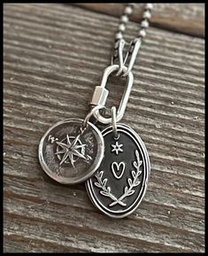 This compass charm is hand torched with.999 silver.  It is made from an impression from a wax seal stamp. Each one is unique and one of a kind. Wax Carved Ring, Seal Jewelry, Wax Seal Jewelry, Stamped Necklaces, Compass Pendant, Compass Necklace, Wax Seal Stamp, Seal Stamp, Wax Seal