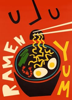 an advertisement for ramen noodle soup with chopsticks and eggs in a bowl