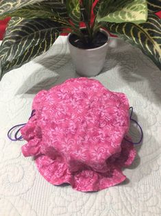 a potted plant sitting on top of a table next to a pink flowery pillow