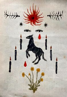 an embroidered piece with a horse surrounded by candles and flowers in the background is a sun