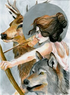 a painting of a woman with two wolfs on her shoulder and holding a stick