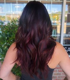 Wine Colored Highlights Brunettes, Black And Burgandy Ombre Hair, Wine Color Highlights On Black Hair, Dark Hair Red Lowlights, Wine Colored Balayage, A Burn Hair Color, Highlight Colour For Black Hair, Dark Brown Hair With Burgundy Peekaboo, Burgundy Hair Colour On Black Hair