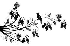 black and white drawing of birds sitting on branches