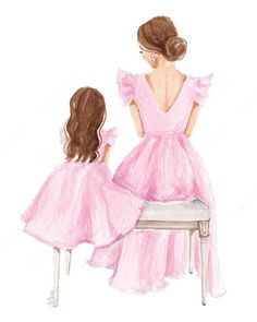 a mother and daughter sitting on a bench looking at the back of their dresses in pink