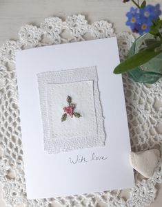 A beautifully hand stitched, floral note card, perfect for so many occasions.  With Love has been hand written on the front.  Give this pretty note card to someone special.  Blank inside for your own message and signed by myself on the reverse.  Card measurements approximately 10.5cm by 15cm.  A lovely keep sake too, to put on display. Hand Stitched Cards, Textile Cards, Wedding Cards Handmade Embroidery, Hand Stitched Greeting Cards, Embroidered Greeting Cards, Fabric Scrap Greeting Cards, New Home Cards Handmade Fabric, Fabric Note Cards, Relief Society Crafts