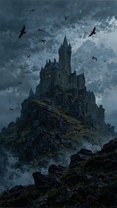 a castle on top of a hill with birds flying around it and dark clouds in the sky