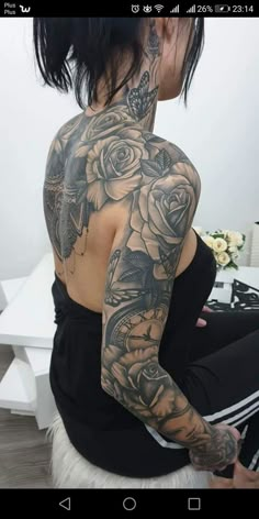 Sleeve And Back Tattoo, Sleave Ideas Woman Tattoo Black, Cool Tattoo Sleeves For Women, Badass Sleeve Tattoos For Women, Girl Tattoo Sleeve Ideas, Tattoo Full Sleeve Women, Girl Arm Sleeve Tattoo, Back Sleeve Tattoo Women, Cool Sleeve Tattoo Woman