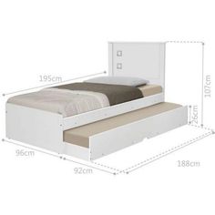 the bed frame is white and has two drawers on one side, and an open drawer underneath