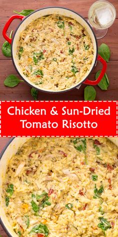 chicken and sun - dried tomato risotto in a red pan with basil leaves