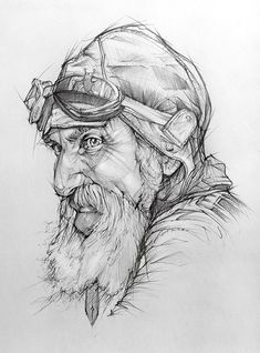 a pencil drawing of an old man with a beard and mustache wearing a hat on his head