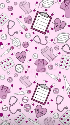 a pink and white pattern with medical items on it, including gloves, stethoscopes