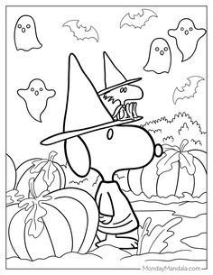 a cartoon dog dressed as a witch with pumpkins and bats in the background for halloween coloring pages