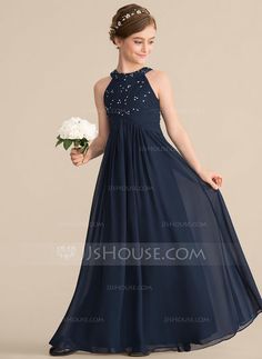 a - line / princess halter floor - length chiffon bridesmaid dress with beading