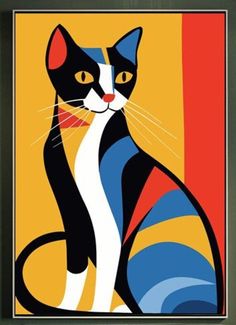 a black and white cat sitting in front of an orange, blue, yellow and red background