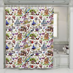 a shower curtain with an image of disney world on it's front and back