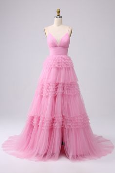 Senior Prom Dress Ideas, Pink Ruffle Prom Dress, Fluffy Prom Dresses, Pink Fancy Dress, Funky Formal, Pink Prom Dresses Long, Pastel Prom Dress, Prom Dress With Ruffles, Navy Prom Dress