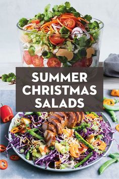 a salad on a plate with the words summer christmas salads in front of it