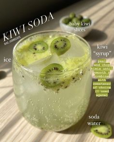 the cover of kiwi soda magazine features kiwi slices in a glass with ice