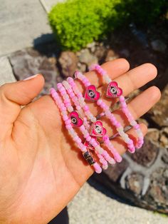 Czech Beaded Crystal Bracelet Pink Evil Eye protects friendships 💕 Keeping you fashionably protected 🧿 Super high quality beads and strong, yet comfortable elastic made to wear all day everyday 🫶  For reference the bracelets in the image are 17cm length. If you require a different size please message me :) Handmade with 🤍 Perfect gift to buy for someone 🎁 or something to buy for yourself 🥰  Comes wrapped in really cute packaging 💌 FAST & FREE DOMESTIC SHIPPING ✈️ Dispatched from Melbourne Affordable Pink Evil Eye Bracelets, Pink Evil Eye, Beaded Evil Eye, All Day Everyday, Star Bracelet, Eye Bracelet, Evil Eye Bracelet, Pink Bracelet, Czech Beads