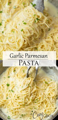 garlic parmesan pasta in a skillet with a spoon