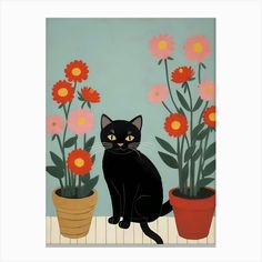 a black cat sitting next to two potted flowers