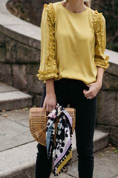 Yellow Ruffle Blouse | Bamboo Clutch Classic Work Outfits, Fashion Tops Blouse, Ruffled Sleeve Top, Fashion Tops, Work Fashion, Spring Outfit, Effortless Style, Spring Outfits, Work Outfit