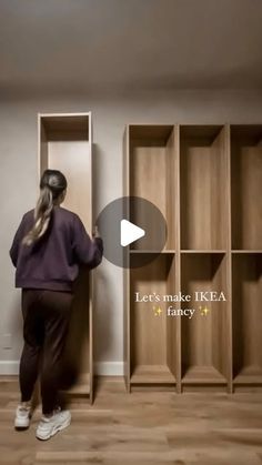 a woman standing in front of a bookcase next to an empty shelf with the words let's make ikea fancy