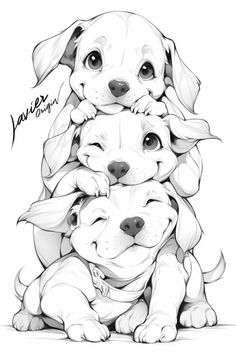 two dogs hugging each other while sitting on top of another dog's head, with the