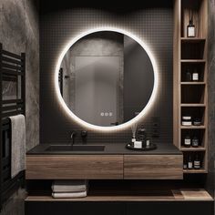 a bathroom with a round mirror above the sink and shelves on the wall next to it