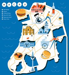 an illustrated map of macau in blue and white, with the city's landmarks