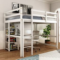 a white loft bed with desk underneath and bookshelf on the bottom level in a bedroom