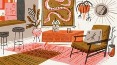 a drawing of a living room filled with furniture and art work on the wall,