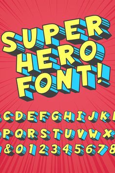 the super hero font is displayed on a red background