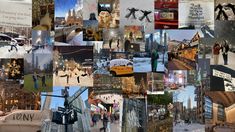 a collage of photos with people and buildings in the background, all covered in snow