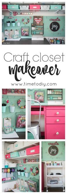 craft closet makeover with pink and green drawers, white desks and lots of crafting supplies