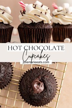 chocolate cupcakes with white frosting and sprinkles on a cooling rack