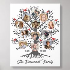 a family tree with many different pictures on the front and back side, including dogs