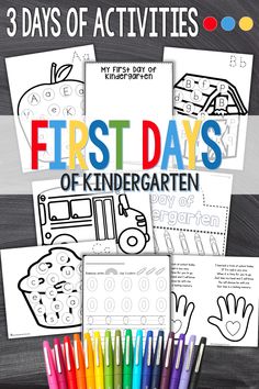 the first days of school with coloring pages and crayons on it, in front of